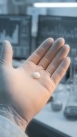 Close-up of open palm holding single white pill or capsule in medical laboratory setting with blurred equipment background.