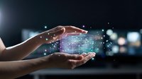 Hands protecting glowing digital network with connected dots and lines representing data protection, cybersecurity and technology innovation concepts.