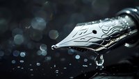 Elegant fountain pen nib with water droplet against dark bokeh background, symbolizing creativity and professional writing.