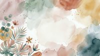 Watercolor abstract background with soft pastel washes in pink, green, yellow and teal featuring botanical leaf elements and organic splashes, suitable for invitations and design projects.