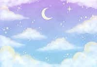 Dreamy pastel sky with crescent moon, fluffy clouds and twinkling stars in soft purple, blue and pink gradient colors for fantasy backgrounds.