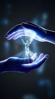Protective hands surrounding glowing human figure with bright light energy representing care, support, spiritual guidance and divine protection concept.
