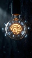 Glowing brain filament inside light bulb with mathematical symbols and circuit patterns representing artificial intelligence and innovation concepts.