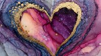Abstract heart shape in alcohol ink technique with flowing purple pink and gold colors creating romantic Valentine's Day background for love themed designs.