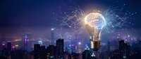 Glowing brain lightbulb with neural network connections floating above futuristic city skyline at night representing innovation and creative thinking.