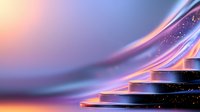 Futuristic stairway with glowing steps against blurred abstract background in purple and orange tones, modern minimalist design for business presentations.