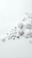White sugar cubes and crushed granulated sugar arranged on neutral background, isolated for culinary, baking, and food industry design projects.