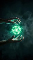 Two hands holding glowing green energy sphere with electric lightning effects against dark smoky background for magic, power, technology, and innovation concepts.