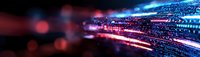 Abstract digital light trails with red and blue glowing particles on black background, creating futuristic technology concept for data transfer and connectivity.
