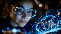 Young Asian woman in glasses looking at glowing futuristic holographic interface with digital elements, blue technology visualization on dark background.
