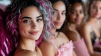 Diverse group of young women in pink dresses with natural and dyed hair styles at formal event, celebrating together with genuine smiles and joyful expressions.
