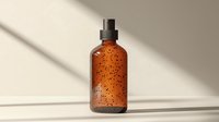 Amber glass dropper bottle with water drops on surface against neutral background with dramatic shadow. For cosmetic and wellness product photography.