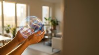 Hand holding transparent glass sphere with rainbow reflections in bright modern interior with natural sunlight and plants creating peaceful mindful moment.