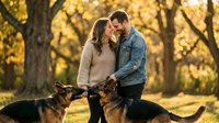 Young couple with German Shepherd dogs enjoying romantic autumn moment in golden park setting for lifestyle and relationship content.