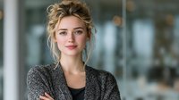 Confident young Caucasian businesswoman with blonde hair in professional gray blazer standing with crossed arms in modern office environment.