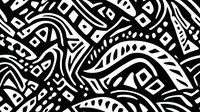 Abstract black and white geometric pattern with curved lines, dots and tribal style elements forming seamless decorative background for fabric and wallpaper design.