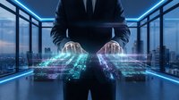 Professional businessman in dark suit manipulating holographic data interface with glowing digital elements in modern office overlooking city skyline at night.