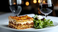 Baked lasagna with golden cheese topping served on white plate with fresh green salad and red wine glasses in elegant dining setting.