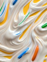 Abstract fluid marble texture with swirling white cream background and colorful yellow, blue, green, and orange accents creating dynamic movement pattern.