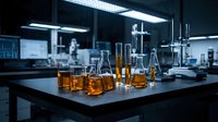 Young scientist conducting chemical analysis with amber liquid samples in laboratory glassware on workbench, suitable for research, education, and scientific publications.