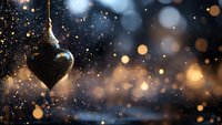 Hanging heart ornament with sparkling particles and warm bokeh lights, perfect for holiday, Christmas, and festive season designs.