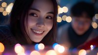 Young Asian woman smiling at night with blurred bokeh lights in background creating magical atmosphere. Natural candid portrait capturing genuine happiness and warmth.