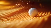 Golf ball on golden sand in dramatic lighting with sun rays and bokeh effect, close-up macro photography showing texture and shadows in warm tones.