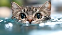 Curious cat peeking over water surface with wide green eyes and wet fur, creating playful and humorous moment during bath time or swimming activity.