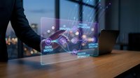 Business professional analyzing holographic data visualization interface with financial charts and analytics on laptop in modern office environment.