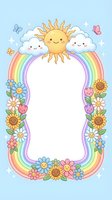 Cute kawaii rainbow frame with smiling sun, clouds and flowers on pastel blue background. Copy space for text, greeting cards and children designs.