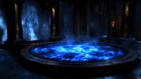 Mystical circular portal with glowing blue energy in dark ancient temple chamber. Stone pillars and magical runes create atmospheric fantasy scene.