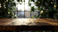 Rustic wooden table surface with soft bokeh lights and window background creates cozy atmosphere for product display or food photography styling.