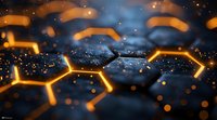 Glowing golden hexagonal network structure on dark textured surface with bokeh light effects, representing digital technology or scientific concept.