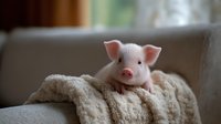 Adorable pink piglet resting on soft beige blanket, looking directly at camera with curious expression. Natural window lighting creates cozy home atmosphere.
