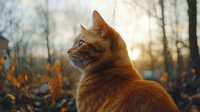 Majestic ginger cat with long fur gazing into distance during golden sunset in autumn forest, orange foliage and bokeh background creates dreamy atmosphere.