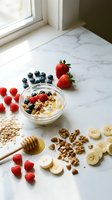 Healthy breakfast bowl with fresh berries, granola, yogurt and honey on marble counter near window for nutritious morning meal preparation.