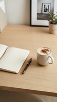 Blank notebook with pen and cappuccino on wooden desk, minimalist workspace setup for creative writing, planning, or business brainstorming projects.