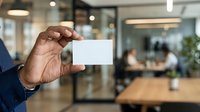 Close-up of male hand holding blank white business card in modern office environment with blurred colleagues and glass partitions in background.