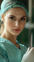 Young female medical professional in surgical scrubs and cap holding scalpel, close-up portrait showing determined expression and confident gaze.