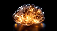Glowing abstract glass formation with warm orange light emanating from within against dark background, creating dramatic illumination and reflective surface.