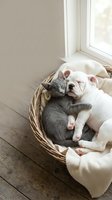 Adorable kitten and puppy sleeping together in wicker basket by sunny window creating heartwarming friendship scene for pet lovers and animal care.