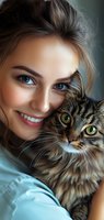 Young Caucasian woman with blue eyes and natural makeup smiling while holding fluffy tabby cat with green eyes. Close-up portrait in soft lighting creates warm atmosphere.