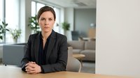 Professional businesswoman in dark suit sitting at modern office desk with hands clasped, confident corporate executive in contemporary workplace setting.