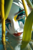 Woman with artistic face paint emerging from water through green reeds, featuring turquoise and yellow designs with striking blue eyes and coral lips.