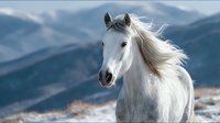 Majestic white horse with flowing mane against mountain landscape backdrop. Wild stallion in natural habitat with dramatic sky and rolling hills scenery.