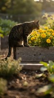 Tabby cat sitting on wooden planter box smelling yellow marigold flowers in sunny garden with warm golden hour lighting and bokeh background.