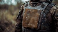 Military tactical bulletproof vest with brown leather plate insert shown in close-up detail against blurred outdoor background, highlighting protective gear and combat equipment.