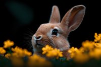 Adorable brown rabbit peeking through yellow wildflowers against dark background, close-up portrait showing bright blue eyes and soft fur. Perfect for Easter designs.