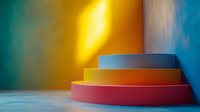 Minimalist round podium with vibrant gradient background featuring red, yellow and blue circular platforms in modern product display setup.