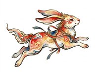 Leaping rabbit with colorful traditional Asian art style swirls, isolated on transparent background, ready for t-shirt design, stickers, clipart, and print on demand use.